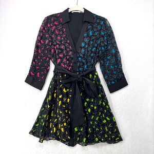 Alice + Olivia Black Mini Dress with Pink, Blue, Yellow & Green Accents